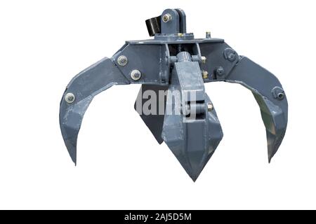 Die blauen hydraulischen Manipulator für das Laden von Stahl Schrott; nah; offene Claw; isoliert weißer Hintergrund; Freistellungsmaske Stockfoto