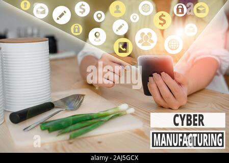 Schreiben Hinweis Übersicht Cyber Herstellung. Business Konzept für transformative Konzept, welches die Übersetzung der Daten Ziele Stockfoto