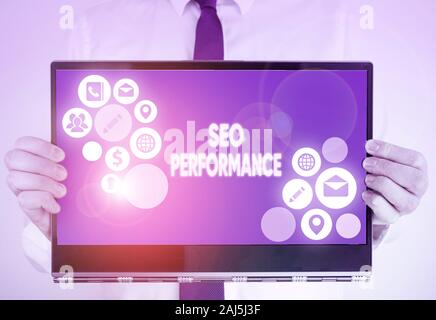 Schreiben Hinweis anzeigen Seo Perforanalysisce. Business Konzept für die Erhöhung der Quantität und der Qualität der Besucher auf der Website Stockfoto