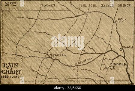 Skizzen der Physischen Geographie und Geologie von Nebraska. Jährliche AYERRGE NIEDERSCHLAG VON 1859 BIS 1869. Die durchschnittliche jährliche Niederschlagsmenge von 1869 bis 1879 38 physische Geographie. Fall wurde nicht ermittelt, aber es könnte nicht viel aus der Pre-weichen Zedenten Raum. Tabelle Nr. 2.- Auf diesem Chart haben wir die mittlere jährliche rainfallbetween 1869 und 1 S 79. Entlang des Missouri, als weit nach Westen als zu Theline, die in der Nähe der Mündung des Big Sioux River beginnt, andcrosses der Staat südlicher und südwestlicher und dann etwas östlich von Süden, bis Sie auf die Linie des Staates wherethe blauen Fluss tritt aus es, o Stockfoto