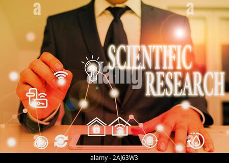Text Zeichen zeigt die wissenschaftliche Forschung. Business Foto präsentieren methodische Studie zu beweisen oder eine Hypothese widerlegen. Stockfoto