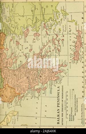 Die neue Karte von Europa (1911-1914); die Geschichte der jüngsten europäischen diplomatischen Krisen und Kriege und von Europas präsentieren Katastrophe. Der VERTRAG VON BUKAREST Am 6. August, das Protokoll mit servia vor war - vertreten werden. Die servian Frontier war an einem linedrawn vom Gipfel des Patarika auf der oldfrontier zu beginnen, und die Wasserscheide zwischen theVardar und die Struma der Greek-Bulgarianfrontier zu folgen, mit Ausnahme der oberen Tal der Strumnitza, Servian Gebiet geblieben. Am folgenden Tag das Protokoll mit Griechenland waspresented. Die Greek-Bulgarian Grenze wurde von der cre Torun Stockfoto