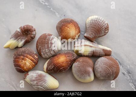 Verschiedene süße Schokolade Pralinen mit Meer- Konzept auf braunem Hintergrund Stockfoto