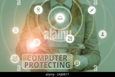 Konzeptionelle Handschrift zeigt Computer schützen. Begriff Sinne schützen Computer vor unbefugtem Eindringen Stockfoto