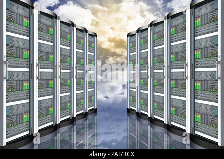 3D-Darstellung. Server Computer Daten. Anschluss und Speichern der Daten im Steuergerät, Anwendungen. Stockfoto