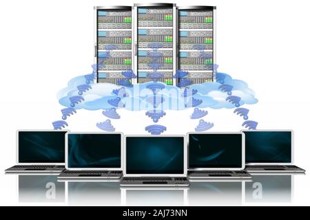 3D-Darstellung. Server Computer Daten. Anschluss und Speichern der Daten im Steuergerät, Anwendungen. Stockfoto