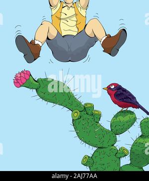Zeichnung der Unterseite von einem Mann springen auf einen Kaktus nach von einem seiner Dornen auf blauem Hintergrund gestochen wird. Vektorbild Stock Vektor