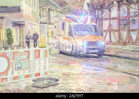 Aquarell Abbildung: Rotes Kreuz Krankenwagen fährt durch die Altstadt am frühen Abend mit blauem Licht eingeschaltet Stockfoto