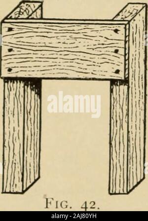 Holzbearbeitung für Anfänger; ein Handbuch für Amateure. von Llie Beine, und halten Sie sie in Position firmlv, Nagel, der es sicher Bein. Sie müssen Schmerzen nehmen zu halten das Bein und das Kreuz-y^l) iece Square. Nagel nur ein Nagel erste und Anpassen, Testen mit der anschlagwinkel beforedriving die anderen Nägel (Abb. 41). Dann nailthe andere Ende zum anderen Bein, und wiederholen Sie den Bestellvorgang mit dem anderen Board und die restlichen Beine. Dies gibt zwei Frames likeFig. 42. Nächste, befestigen Sie die Seiten auf die Beine. Takethe 10 Vorstand und Mark und Säge aus twopieces 5 10 lange in der gleichen Weise wie vor (Abb. 43). In Entfernungen von Stockfoto