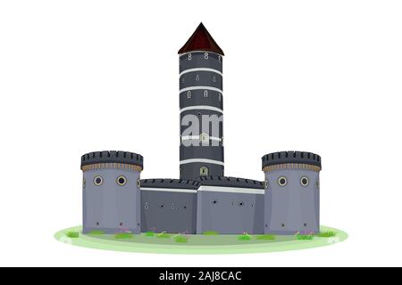 Cartoon mittelalterlichen Turm einer Burg auf weißem Hintergrund. Alte Burg mit befestigten Mauer und Türmen. Festung, Burg, Festung, Bögen. Stockfoto