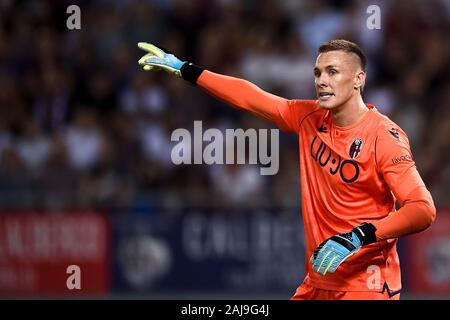 Bologna, Italien. 30. August 2019: Lukasz Skorupski der FC Bologna Gesten während der Serie ein Fußballspiel zwischen FC Bologna und SPAL. FC Bologna gewann 1-0 über SPAL. Credit: Nicolò Campo/Alamy Nachrichten Stockfoto