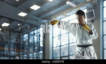 Zuversichtlich koreanischen Mann im Kimono üben Hand-auf-Hand zu bekämpfen, Kampfsportarten Junge männliche Kämpfer mit Black Belt Training im Fitnessraum, sieht konzentriert, zuversichtlich. Konzept der gesunden Lebensstil, Sport. Stockfoto