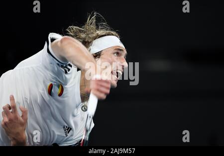 Brisbane, Australien. 3 Jan, 2020. Alexander Zverev Deutschland konkurriert beim ATP-WM Gruppe F gegen Alex de Minaur in Australien in Brisbane, Australien, am Jan. 3, 2020. Credit: Bai Xuefei/Xinhua/Alamy leben Nachrichten Stockfoto