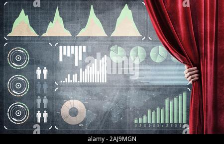 Offnung Roten Vorhang Und Zeichnen Der Graphen Und Diagrammen Dahinter Stockfotografie Alamy