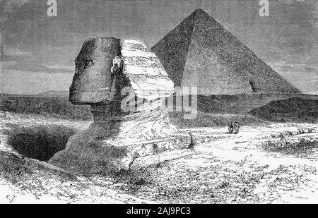 Die Sphinx ist ein Fabelwesen mit dem Kopf eines Menschen und den Körper eines Löwen. Die größte und berühmteste ist der Große Sphinx von Gizeh, gelegen auf der Hochebene in der Nähe von Gizeh die Pyramiden von Gizeh auf dem Westufer des Nil und nach Osten. Baujahr unbekannt, aber die meisten ägyptologen denke, der Kopf der Gestalt des Pharao Khafra, einer alten ägyptischen König (Pharao) der vierten Dynastie im Alten Reich trägt. Stockfoto