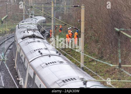 RailScape Arbeitnehmer zurück schneiden Vegetation in der Nähe der Spur des C2C-Eisenbahn in Southend On Sea, Essex, Großbritannien. Dauerhafte weise Crew mit Zug passiert Stockfoto