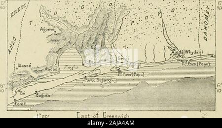 Afrika und seine Bewohner. ish und Frenchterritories auf die Gold- und Slave Küsten wurde auch jenseits von 1 N. lat., AFRHA II t 200 WESTAFRIKA 80, dass die Germaa Kolonie Togoland, af? Durch verschiedene internationaltreaties erkannt, umfasste im Jahr 1899 eine Fläche von über 23.000 Quadratkilometern, mit einem estimatedpopulation von 2.500.000. Im Landesinneren ist das Land flach, mit langen ofscrub, Wälder, und trockenen Ebenen, abwechselnd mit landwirtschaftlicher Flächen, die richcrops von Mais, Yams, Maniok, Bananen, während das Öl - Palmen, Gummi, und Farbstoff - Holz in den Wäldern im Überfluss. Togo, die Hauptstadt, comjj Stockfoto