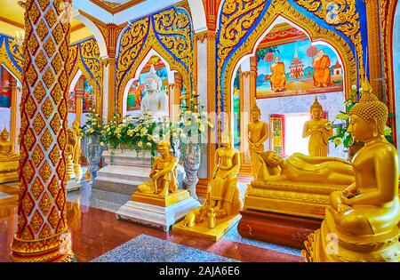 Hua Hin, Thailand - 30 april, 2019: Bilder des Buddha und verehrte Mönche im Gebet Hall des Wat Chalong Pagode, mit filt Mustern verziert und f Stockfoto