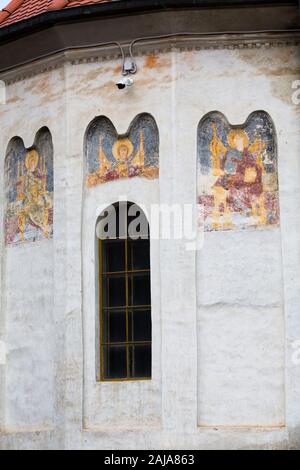 Externe Fresken, St Nicholas orthodoxe Kirche, gegründet 1292, Brasov, Siebenbürgen, Rumänien Stockfoto