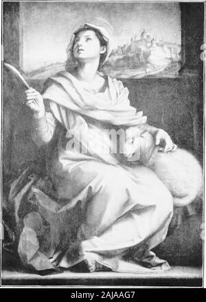 Leben und Legenden der großen Einsiedler und die Väter der Kirche, mit anderen zeitgenössischen Heiligen. re an ihr Grab beten, St. Agnes erschien tothem mit einem Lamm der schneebedeckten Weißgrad an ihrer Seite, und sagte: "Weine nicht, aber freue mich mit Wonne ist für mich ein throneis bereit, an der Seite von ihm, die auf der Erde ich toall anderen vorgezogen, und wem ich bin für immer im Himmel vereinigt. Onaccount dieser Vision, oder weil ihr Name bedeutet Lamm, thechief Attribut in der Kunst von St. Agnes ist ein Lamm, und Es becamecustomary in Rom auf ihren Altar auf ihrem fSte zu bieten - Tag, 21. Januar, ein Lamm, die anschließend war pr Stockfoto