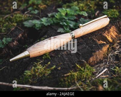 Umweltfreundliche Holz- pen, aus recyceltem Holz und Messing, draußen auf einem Baum Fahrzeug in Moos bedeckt. Stockfoto