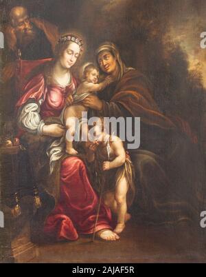 Prag - Die Malerei des Barock der Heiligen Familie mit der St. Elisabeth und St. Johannes der Täufer in Kirche Kostel Svatého Tomáše. Stockfoto