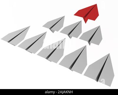 Führung Konzept. Eine rote Führer Ebene führt andere grauen Ebenen vorwärts. 3D-Rendering Stockfoto
