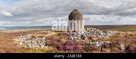 Padon Hill Monument Cairn und violette Heidekraut in Blume entlang Der Pennine Way in der Nähe von Otterburn in Northumberland an einem hellen sonnigen Tag Stockfoto