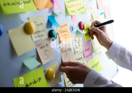 Geschäftsleute schreiben einen wichtigen Hinweis auf, indem sie auf dem Papieraufklebepfosten verwenden. Brainstorming, Teamarbeit. Stockfoto