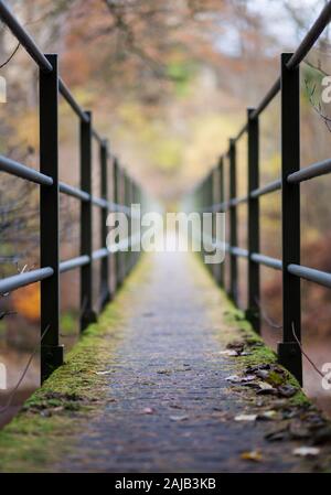 Fußgängerbrücke mit eisernem Geländer in der Nähe des Lambley Viaduct über den Fluss Tyne in Northumberland, Nord-Ost-England. Stockfoto