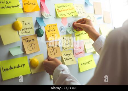 Geschäftsleute schreiben einen wichtigen Hinweis auf, indem sie auf dem Papieraufklebepfosten verwenden. Brainstorming, Teamarbeit. Stockfoto