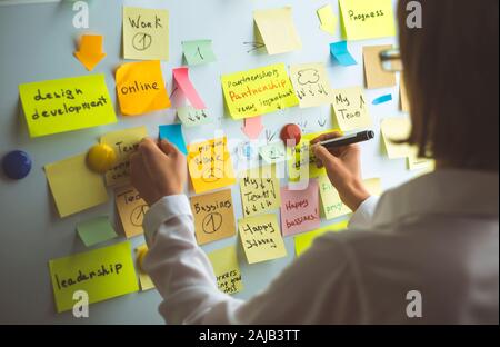 Geschäftsleute schreiben einen wichtigen Hinweis auf, indem sie auf dem Papieraufklebepfosten verwenden. Brainstorming, Teamarbeit. Stockfoto