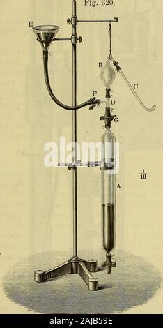 Physiologische Methodik: ein Handbuch der praktischen Physiologie. Asselbe in ein stehendes ineiner^ Quecksilberwanne ganz mit Quecksilber gefülltes und ca-Abb. 320. librirtes Absorptionsrohrüber. Durch Ablesen desQuecksilberstandes nachdieser üeberführung er-hält man das Volumen desWassers unmittelbar durch durchdieselbe Volumeneinheitausgedrückt, welchedie Gase gemessen werden. Um eine bestimmteMenge in einer Schmidt-schen Sammelröhre auf-gefangenen Blutes unterQuecksilber abzumessen, empfiehlt sich sterben vonWorm Müller^) angege-bene Vorrichtung. Dieselbebesteht darin, dass Manauf der Samme Stockfoto