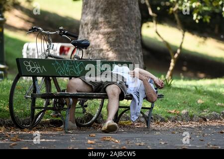 Turin, Italien - 24 Juli, 2019: Ein alter Mann schläft im Schatten unter einem Baum. Eine übermäßige Heizung Hinweis ist in 13 italienischen Städten benannt worden. Credit: Nicolò Campo/Alamy leben Nachrichten Stockfoto