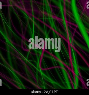 Blau und Rosa hell leuchtende Linien auf schwarzem Hintergrund. Licht im Dunkel. Zusammenfassung Hintergrund Stockfoto