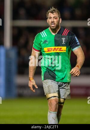 Salford, UK. 3. Jan 2020. 3. Januar 2020; AJ Bell Stadium, Salford, Lancashire, England; English Premiership Rugby, Verkauf Haifische versus Harlekine; Chris Robshaw der Harlekine mit einer blutigen Auge - Redaktionelle Verwendung Credit: Aktion Plus Sport Bilder/Alamy leben Nachrichten Stockfoto