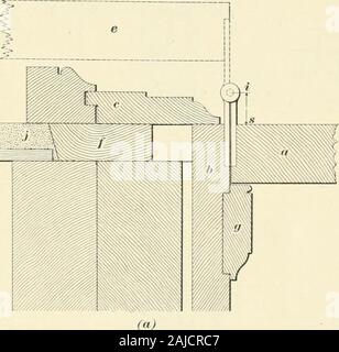 Eine Abhandlung über Architektur und Hochbau. n mit dem Finger, und der doorcan somit ohne Lösen der Scharniere entfernt werden. Toproperly die Tür hängen, zwei Scharniere, und im Falle von heavydoors drei Scharniere, erforderlich sind, können die obere ein 6 Zoll unterhalb der Oberseite der Tür befestigt ist, und die untere, 10 cm oberhalb der Unterkante der Tür. Abb. G4{a) showsa horizontalen Abschnitt durch die Tür Gehäuse am Scharnier.at/; ist der Türsäule, zurück von der Grund- bis hin zu den Putz Leitung/; c zeigt die Türverkleidung und ^ - Zeigt die Tür zu stoppen, gegen die die Tür geschlossen ist. Stockfoto