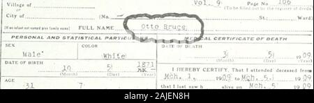 Patentlösungen und Quacksalberei; Artikel auf der Nostrum böse und Quacksalberei nachgedruckt, mit Ergänzungen und Änderungen, von der Zeitschrift der American Medical Association. a. 2 * Es = li ORT DES TODES Grafschaft^ Washington; Townohip von E^ ist Villaf - Citr (No-^? omnlufiriiMl VOLLE NAMF V OttO SfUCepcaaoNAL Zustand von WISCONSINDepartment der Gesundheit - Büro der lebenswichtigen Statistiken KOPIE DES TODES RECORD P" f Keine.... Stockfoto