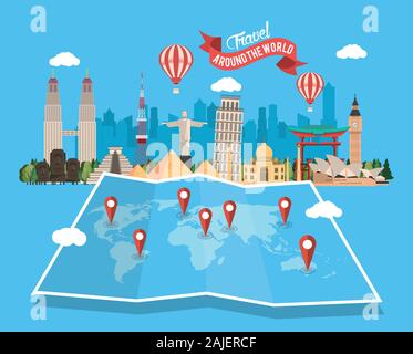 Reisen rund um die Welt Design mit set Denkmäler Stock Vektor