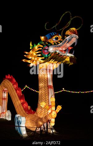 Warschau, Polen - 16 Dezember, 2019: Drache auf Chinesisch Licht Festival, traditionelle chinesische Kultur Ausstellung, Nacht beleuchtung am Fort Bema Stockfoto