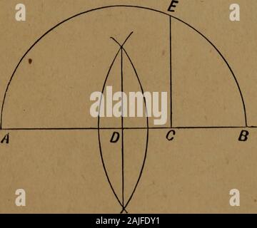 Perspektive und geometrischen Zeichnung auf die Verwendung von Kandidaten für die zweite und dritte Klasse Lehrer 'Zertifikate angepasst. ^o. 28,- zu finden {a) eine mittlere proportionale zwischen zwei givenlines.. Abb. 102. Lassen Sie AC und BC die angegebenen Zeilen werden; sie in astraight Line AB; Halbierung AB in D, und auf AB beschreiben 130 Zeichnung. Halbkreis AEB; durch C draw CE im rechten Winkel zu ABthen wird AC: CE:: CE: CB. (Abb. 102.) (b) an einen Dritten proportional zu zwei gegebenen Linien zeichnen Stockfoto