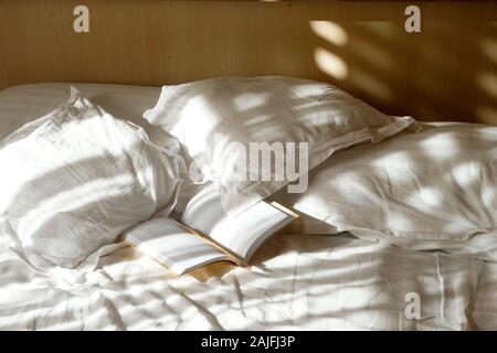 Schlafzimmer mit Betten in morgen Licht getaucht. Schönes Licht auf das Kopfkissen und Blätter in einem leeren Bett und ein aufgeschlagenes Buch. Stockfoto