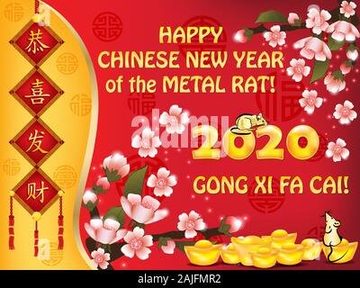 Happy Chinese New Year 2020. Blumen Grusskarten mit Text in Englisch und Chinesisch. Ideogramme Übersetzung: Herzlichen Glückwunsch und bilden vermögen. Stockfoto