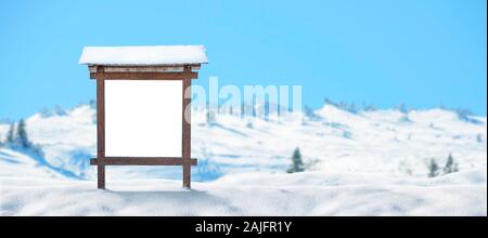 Holz- leer Anschlagtafel auf verschneiten Berg mock up. Der leere Raum für Text. Weiße Oberfläche isoliert. Mockup für Werbebanner Stockfoto