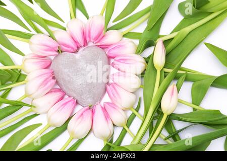 Rosa tulipy mit Herz, Platz kopieren Stockfoto