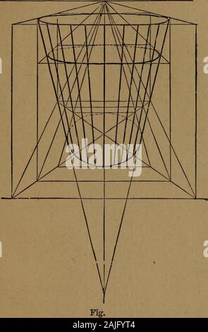 Perspektive und geometrischen Zeichnung auf die Verwendung von Kandidaten für die zweite und dritte Klasse Lehrer 'Zertifikate angepasst. Ta ^^e A, 4 nach rechts und E, ich nach links; machen AB=1^-, anddescribe Kreis; B C.Y. und eine C.V., auch E MP, und fromC verbinden, zeichnen CD parallel ab, und kleineren Kreis beschreiben; thendraw gemeinsamen Tangenten, Abschluss der Zylinder. (Schwein. 45.) der Zylinder. 77 Beispiel S. - Die Abbildung zeigt, wie eine gemeinsame Eimer zu zeichnen, mit Stangen und Reifen. 78 Zeichnung. Ttie Pyramide. Wir kommen nun zu Festen, die nicht vollständig Rec - tangular betrachten; sie sind Kegeln und Pyramiden und ihre FRUSTA. In sprechen Stockfoto