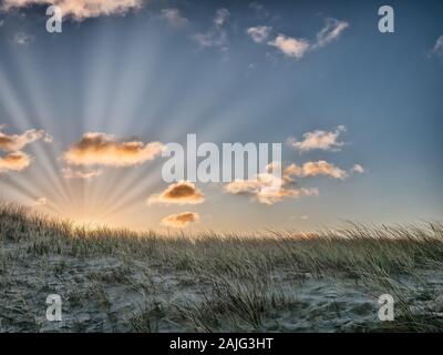 Dünen bei Sonnenaufgang in thyborön an der Westküste in Dänemark Stockfoto