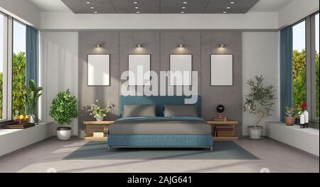 Meister der Moderne Schlafzimmer mit Doppelbett Blau gegen Betonplatten - 3D-Rendering Stockfoto