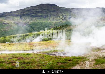 Island: Blick auf den Geysir Landschaft mit Dampf aus dem Boden im Haukadalur geothermale Region, Golden Circle Route Stockfoto