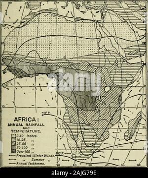 Angewandte Geographie, eine vorläufige Skizze mit zehn Karten. e der Sahara; den nördlichen Hängen des theAtlas fangen, was die Winde aus dem Norden canbrinof mit Ihnen. In Alexandria, ca. 8 inchesfall im Jahr, aber in der Zeit, in der der Wind toCairo hat es nicht einen Tropfen zu ersparen; es, kaum aninch fällt in das Jahr. Über viel Der Saharathe Niederschlag ist fast Null; nirgendwo über 10 Zoll; In einem reofion, wo die Hitze ist so intensiv und theevaporation so enorm, das ist vergebens. - Ein über den Wendekreis des Krebses der Niederschlag, beginnt, und eine breite Gürtel hier wurde von 10 auf 25 Zoll, kargen Stockfoto